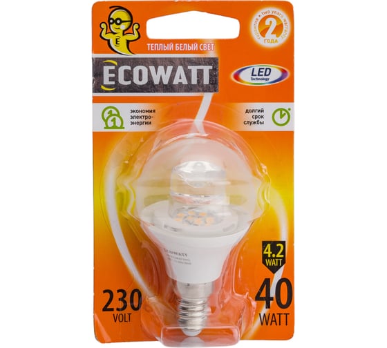Светодиодная лампа ECOWATT P45, 4.2(40)W, 2700K, E14, CL 300, миньон, теплый белый свет, шарик, прозрачный 4606400419396