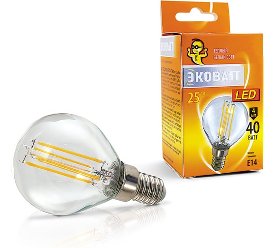 Светодиодная лампа ECOWATT P45, FL, 4(40)W, 2700K, E14, миньон, теплый белый свет, шарик, нитевидный, прозрачный 4606400206040 1