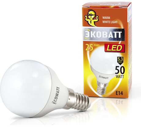 Светодиодная лампа ECOWATT P45, 230В, 5.3W, 2700K, E14, теплый белый свет, шарик 4606400419808
