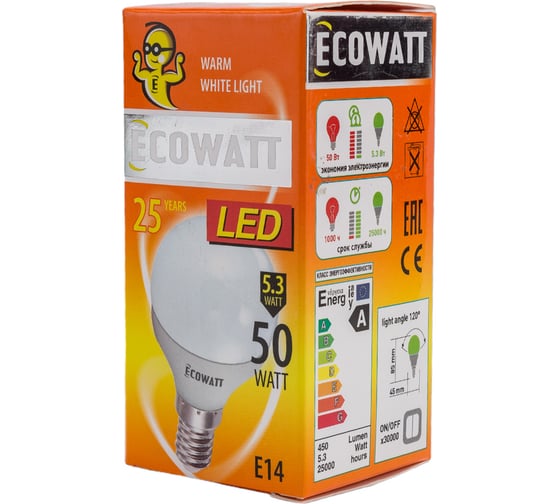 Светодиодная лампа ECOWATT P45, 230В, 5.3W, 2700K, E14, теплый белый свет, шарик 4606400419808