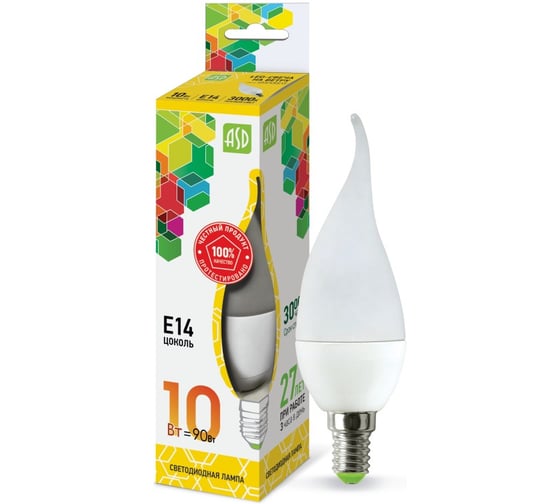 Лампа светодиодная ASD LED-СВЕЧА НА ВЕТРУ-std 10Вт 230В Е14 3000К 900Лм 4690612024615 00-00250303