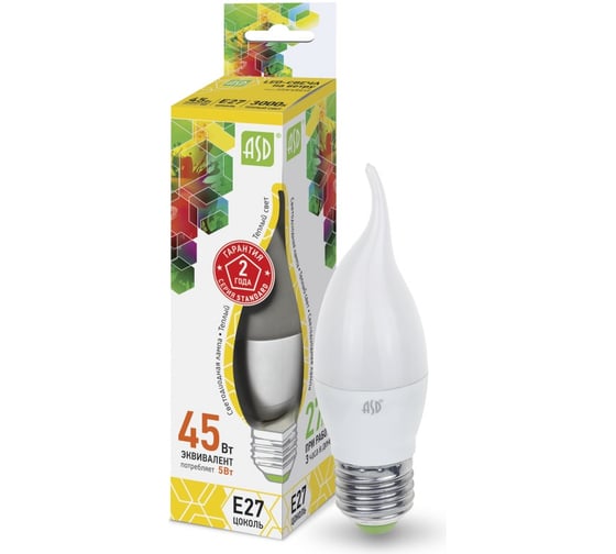 Лампа светодиодная ASD LED-СВЕЧА НА ВЕТРУ-std 5Вт 230В Е27 3000К 450Лм 4690612004532 00-00002474