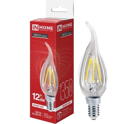 Лампа светодиодная IN HOME LED-СВЕЧА НА ВЕТРУ-deco 12Вт 230В Е14 4000К 1350Лм прозрачная 4690612056005