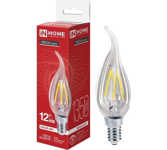 Лампа светодиодная IN HOME LED-СВЕЧА НА ВЕТРУ-deco 12Вт 230В Е14 4000К 1350Лм прозрачная 4690612056005 1
