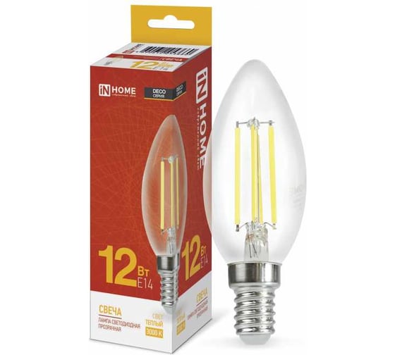 Лампа светодиодная IN HOME LED-СВЕЧА НА ВЕТРУ-deco 12Вт 230В Е14 3000К 1350Лм прозрачная 4690612055992