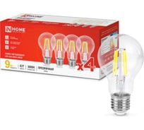 Лампа светодиодная IN HOME LED-A60-deco 4PACK 9Вт, 230В, Е27, 3000К, 1040Лм, прозрачная, 4 штуки/упаковка 4690612053394