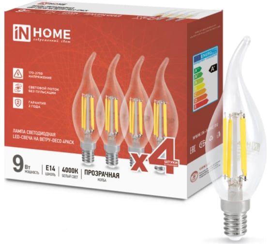 Лампа светодиодная IN HOME LED-СВЕЧА НА ВЕТРУ-deco 4PACK 9Вт, 230В, Е14, 4000К, 1040Лм, прозрачная, 4 штуки/упаковка 4690612053455