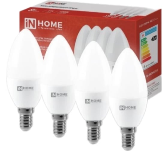 Лампа светодиодная IN HOME LED-СВЕЧА-VC 4PACK 8Вт, 230В, Е14, 4000К, 760Лм, 4 штуки/упаковка 4690612047782 1