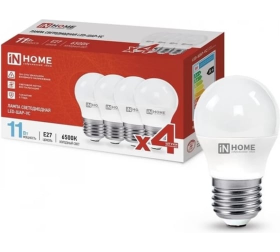 Лампа светодиодная IN HOME LED-ШАР-VC 4PACK 11Вт, 230В, Е27, 6500К, 1050Лм, 4 штуки/упаковка 4690612047898