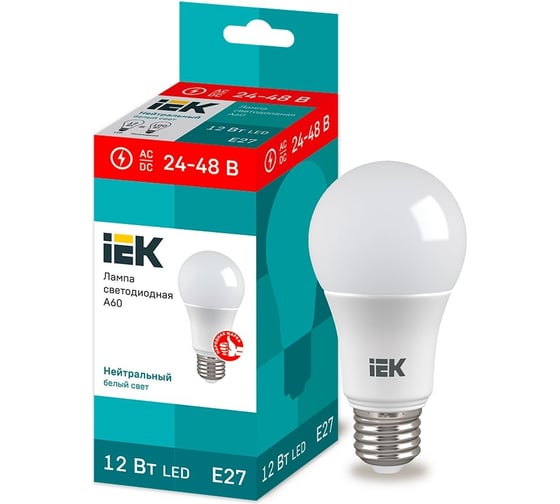 Лампа IEK LED A60 шар 12Вт 24-48В 4000К E27 LLE-A60-12-24-48-40-E27