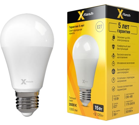 Светодиодная лампочка X-Flash XF-E27-A60-15W-3000K-230V артикул 48755