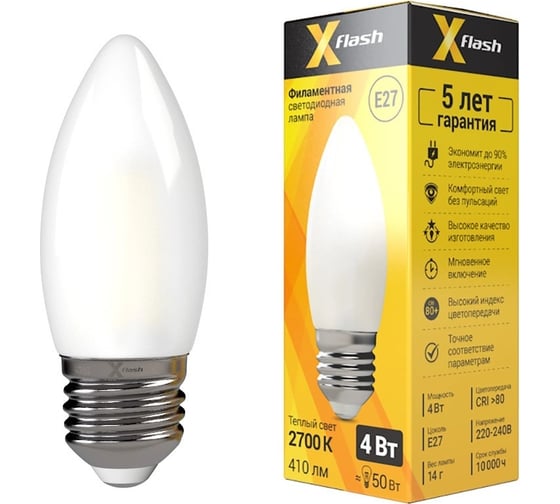 Светодиодная лампочка X-Flash XF-E27-FLM-С35-4W-2700K-230V артикул 48519