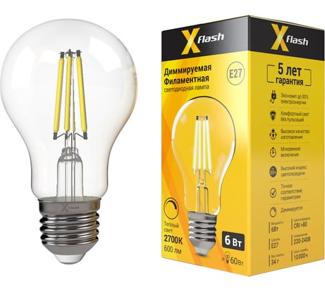 Светодиодная диммируемая лампочка X-Flash XF-E27-FLD-A60-6W-2700K-230V артикул 48717