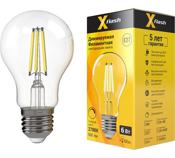 Светодиодная диммируемая лампочка X-Flash XF-E27-FLD-A60-6W-2700K-230V артикул 48717 1