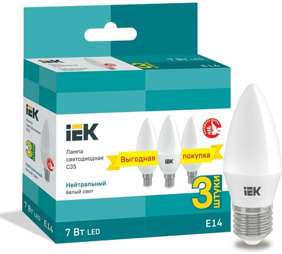 Лампа IEK LED C35 свеча 7Вт 230В 4000К E14 3шт/упак LLE-C35-07-230-40-E14-3