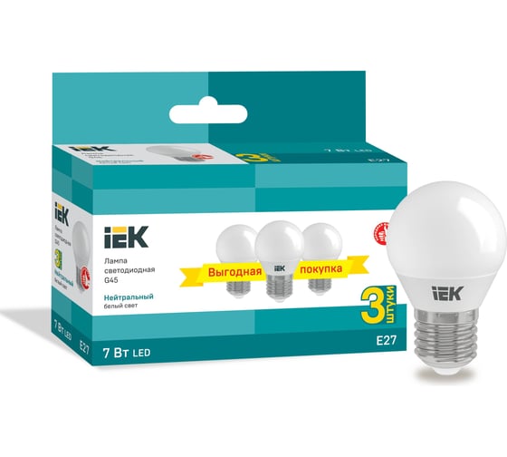 Лампа IEK LED G45 шар 7Вт 230В 4000К E27 3шт/упак LLE-G45-07-230-40-E27-3