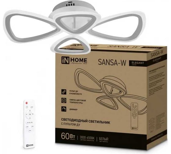 Светильник светодиодный IN HOME ELEGANT SANSA-W 60Вт 230В 3000-6500K 4700Лм 600x400x75мм c пультом ДУ белый 4690612043326