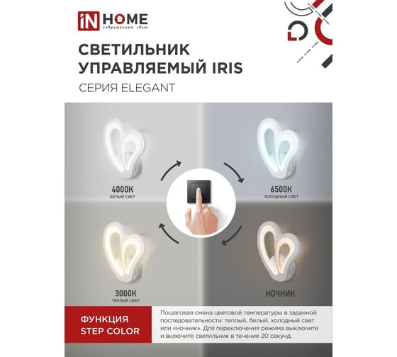 Светильник светодиодный IN HOME ELEGANT IRIS 15Вт 230В 3000-6500K 1200Лм STEP COLOR белый 4690612051413