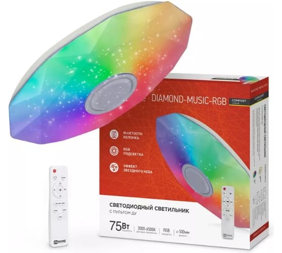 Светильник светодиодный IN HOME COMFORT DIAMOND-MUSIC-RGB 75Вт 230В 3000-6500K 6000Лм 500x100мм с пультом ДУ 4690612044590
