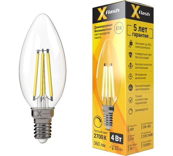 Светодиодная диммируемая лампочка X-Flash XF-E14-FLD-C35-4W-2700K-230V арт.48694