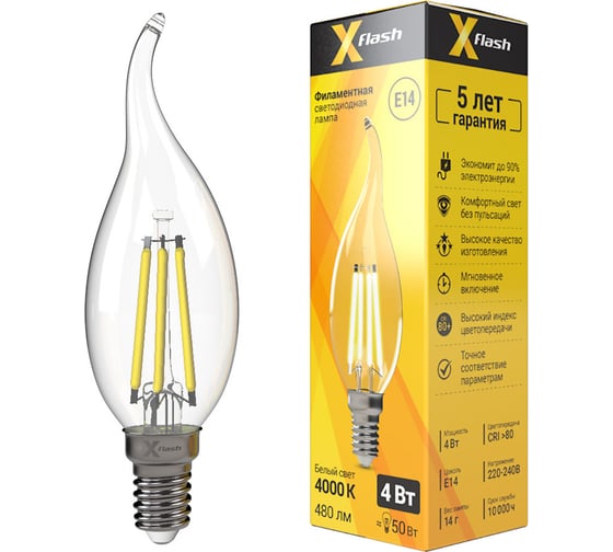 Светодиодная лампочка X-Flash XF-E14-FL-CA35-4W-4000K-230V арт.48830