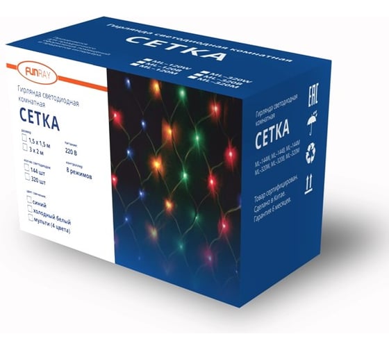 Светодиодная гирлянда-сетка FunRay ML-144B, 1.5х1.5м, 144 LED, синий, IP20, шнур 1.5м, 2596 1