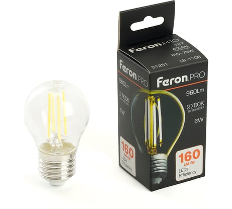 Лампа светодиодная FERON PRO LB-1706 Шарик E27 6W 175-265V 2700K, 51250