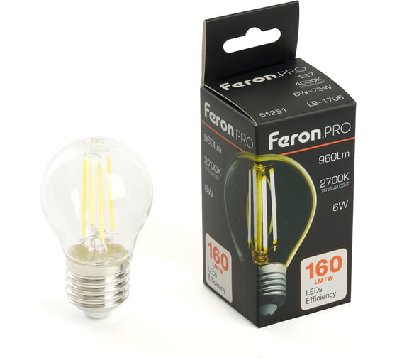 Лампа светодиодная FERON PRO LB-1706 Шарик E27 6W 175-265V 2700K, 51250