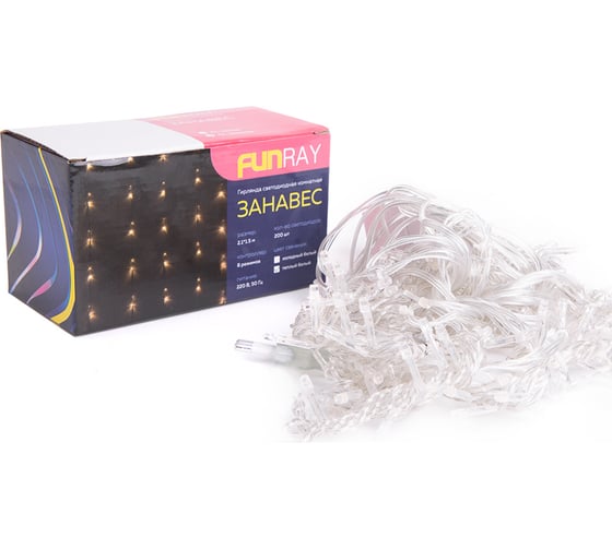 Светодиодная гирлянда FunRay Занавес CL-200WW, 2.1х1.5м, 200LED, шнур 2.5м, IP20, 2607