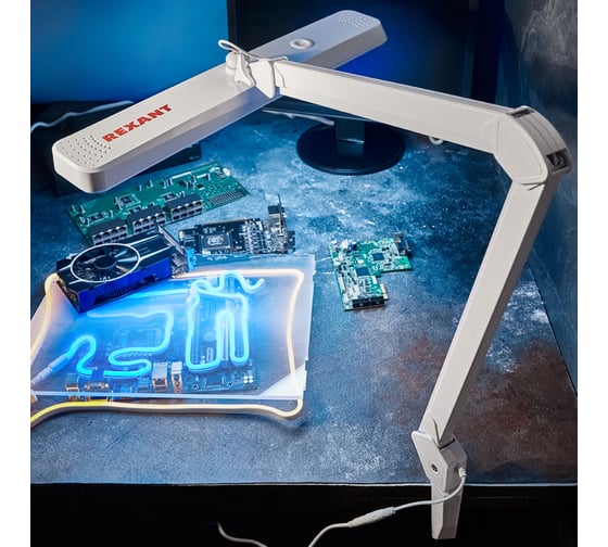 Настольная бестеневая лампа REXANT, струбцина 324 SMD LED теплое и холодное свечение 31-0410