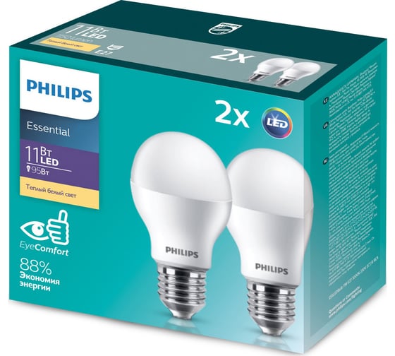 Светодиодная лампа PHILIPS Промоупаковка 2 шт. E27 11W теплый дневной свет Essential 929001900227