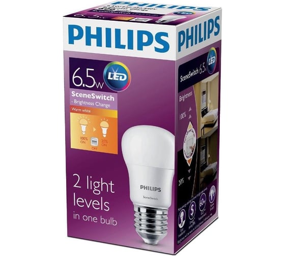 Светодиодная лампа PHILIPS двухступенчатое диммирование теплый свет SceneSwitch 929001209327