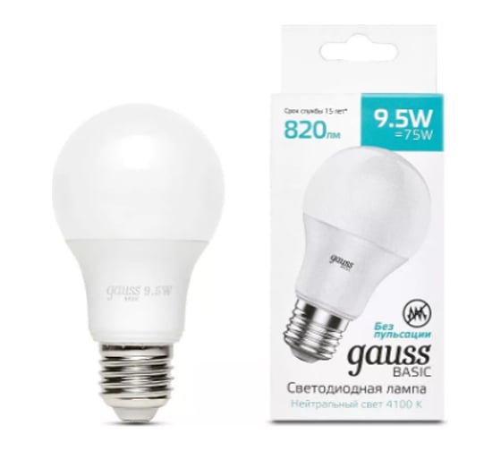 Лампа Gauss Basic A60 9,5W 820lm 4100K E27 LED 1023220