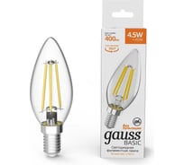 Лампа Gauss Basic Filament, свеча, 4,5W, 400lm, 2700К, Е14, LED, 1/10/50 1031115