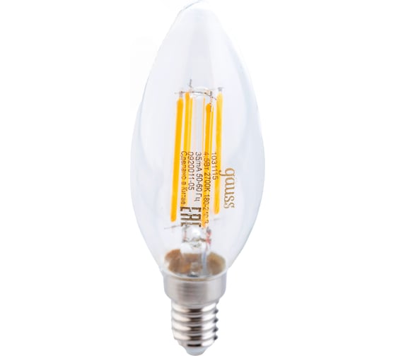Лампа Gauss Basic Filament, свеча, 4,5W, 400lm, 2700К, Е14, LED, 1/10/50 1031115