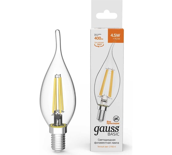 Лампа Gauss Basic Filament, свеча на ветру, 4,5W, 400lm, 2700К, Е14, LED 1041115