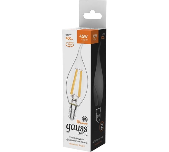 Лампа Gauss Basic Filament, свеча на ветру, 4,5W, 400lm, 2700К, Е14, LED 1041115