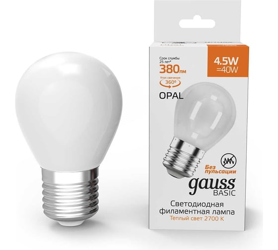 Лампа Gauss Filament Шар Е27 4.5W 380lm 2700К LED 1055215 1