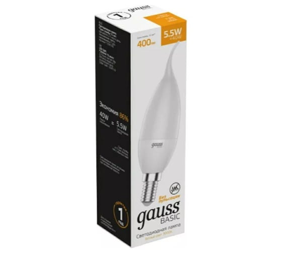 Лампа Gauss Basic, свеча на ветру 5,5W, 400lm, 3000K, E14, LED, 1034116