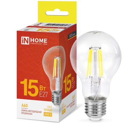 Лампа IN HOME сд LED-A60-deco 15Вт 230В Е27 3000К 1480Лм прозрачная 4690612055893