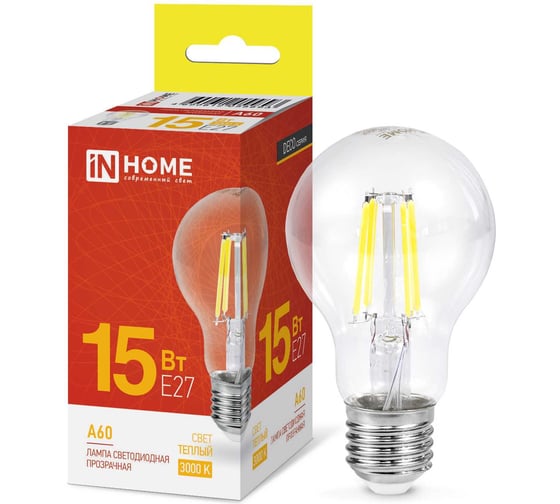Лампа IN HOME сд LED-A60-deco 15Вт 230В Е27 3000К 1480Лм прозрачная 4690612055893 1