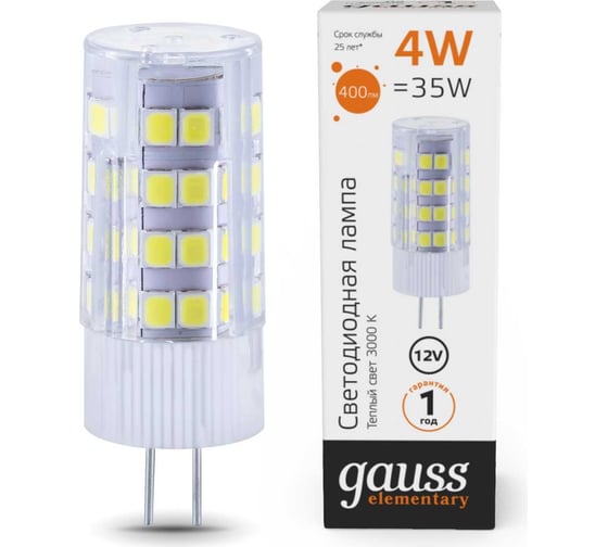 Лампа Gauss Elementary G4, 12V, 4W, 400lm, 3000K, керамика, LED 10714 1