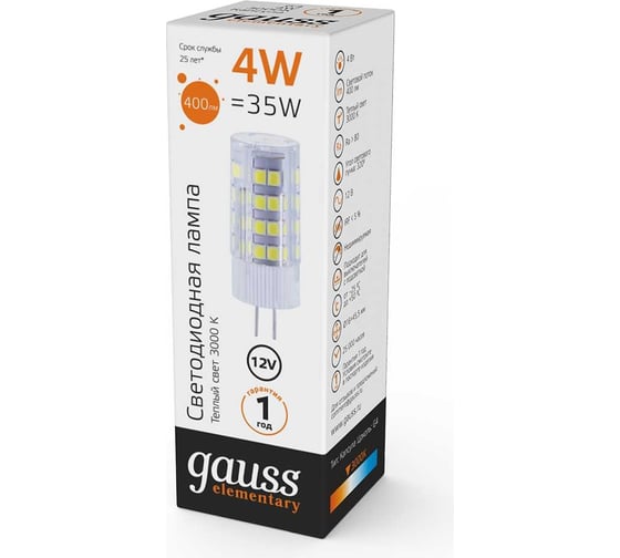 Лампа Gauss Elementary G4, 12V, 4W, 400lm, 3000K, керамика, LED 10714