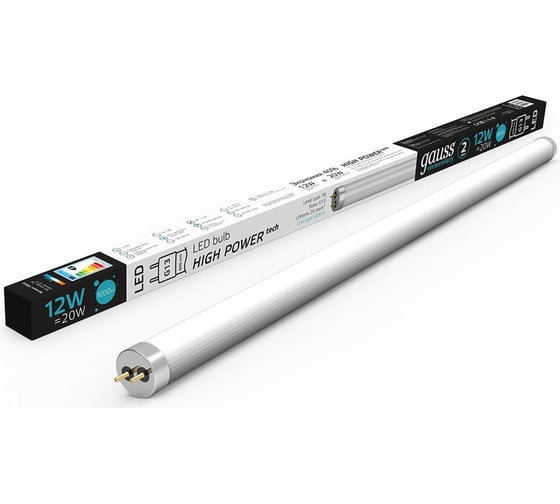 Лампа Gauss Elementary T8, 12W, 1000lm, 4000K, G13, 600mm, стекло, LED, 1/20 93022 1