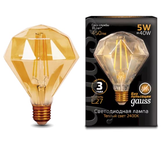 Лампа Gauss Filament Diamond, 5W, 450lm, 2400К, Е27, golden, LED 147802005 1