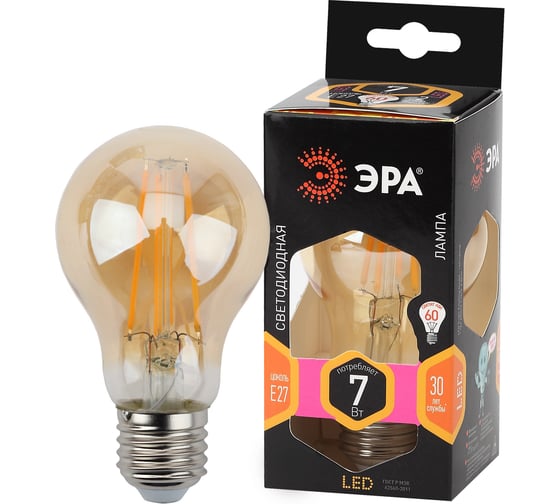 Светодиодная филаментная лампа ЭРА F-LED A60-7W-827-E27 груша, золотая, gold Б0035037