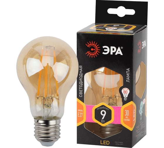 Светодиодная филементная лампа ЭРА LED A60-9W-827-E27 груша, золотая, gold Б0035038