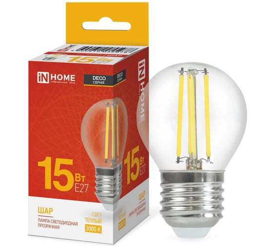 Лампа IN HOME сд LED-ШАР-deco 15Вт 230В Е27 3000К 1435Лм прозрачная 4690612055978 1