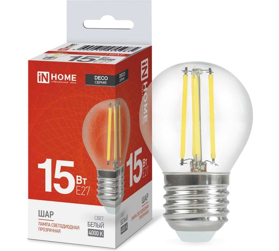 Лампа IN HOME сд LED-ШАР-deco 15Вт 230В Е27 4000К 1435Лм прозрачная 4690612055985