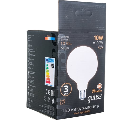 Лампа Gauss Filament G125 10W 1070lm 3000К Е27 milky LED 187202110